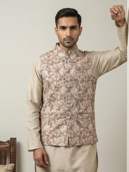 Men Floral Embroidered Cotton Blend Nehru Jacket ( 65WC 4165Beige )