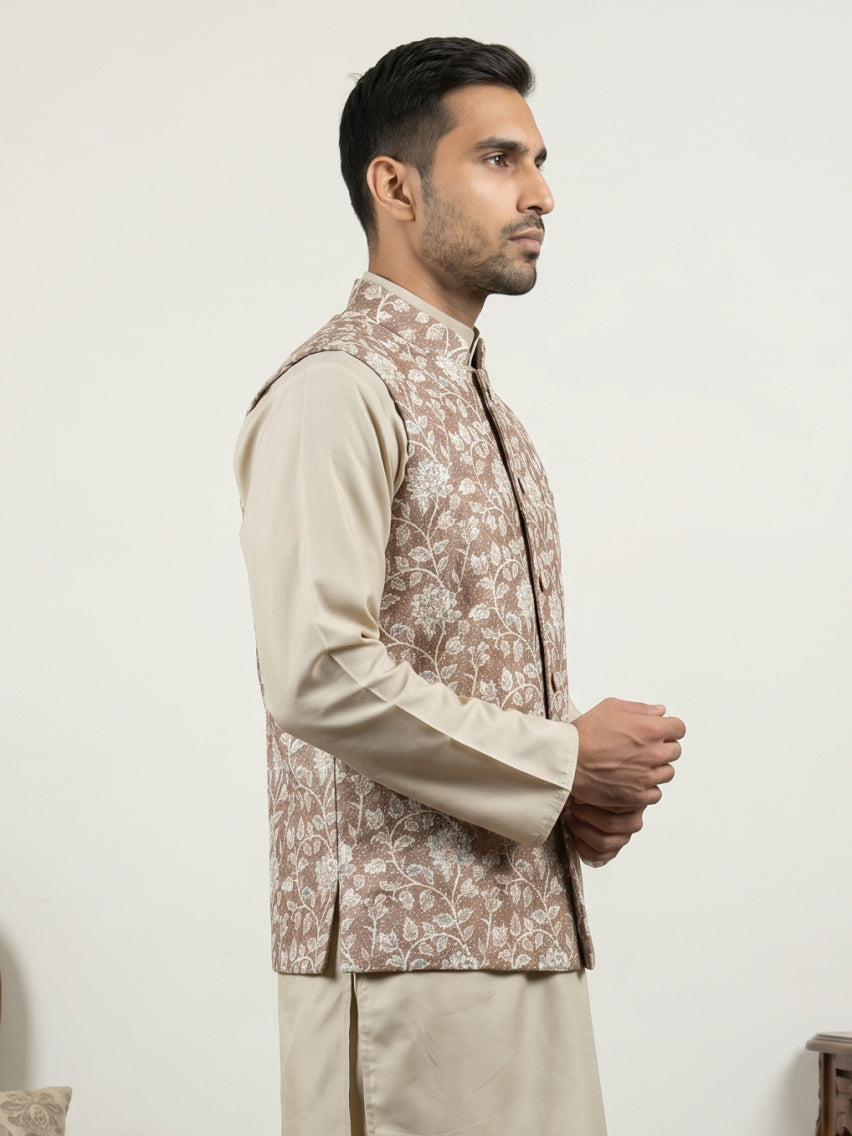 Men Floral Embroidered Cotton Blend Nehru Jacket ( 65WC 4165Beige )