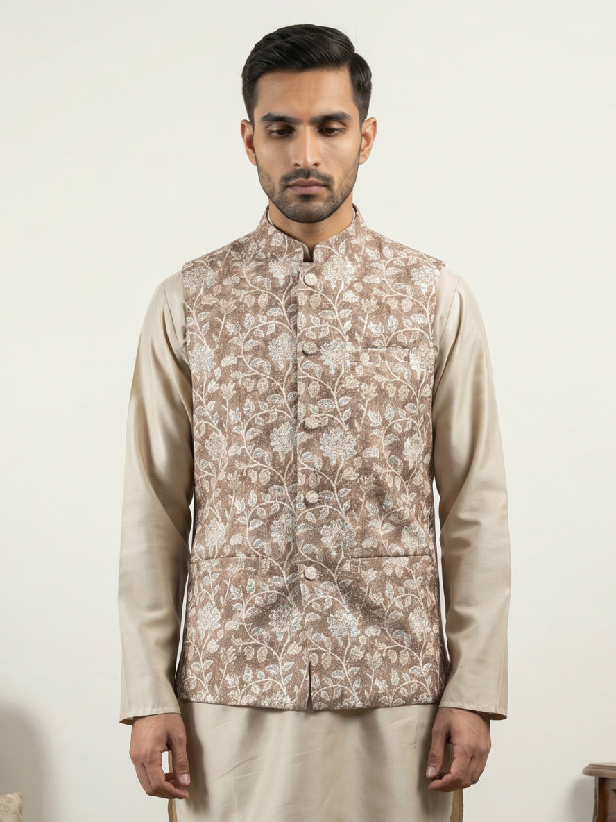 Men Floral Embroidered Cotton Blend Nehru Jacket ( 65WC 4165Beige )
