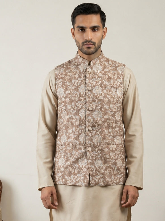 Men Floral Embroidered Cotton Blend Nehru Jacket ( 65WC 4165Beige )