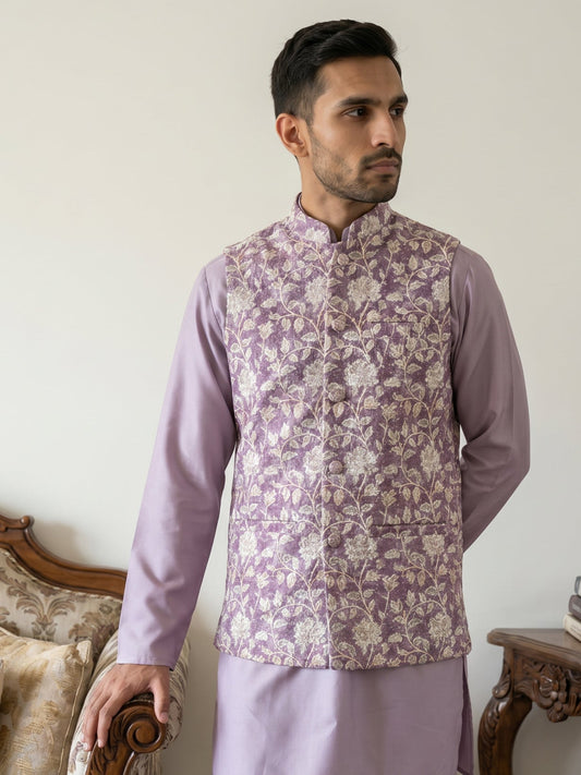 Men Floral Embroidered Cotton Blend Nehru Jacket ( 65WC 4165Purple )