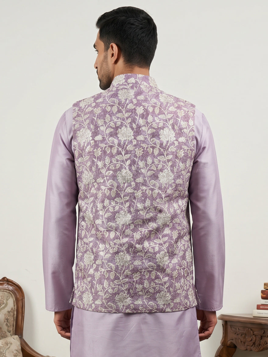 Men Floral Embroidered Cotton Blend Nehru Jacket ( 65WC 4165Purple )