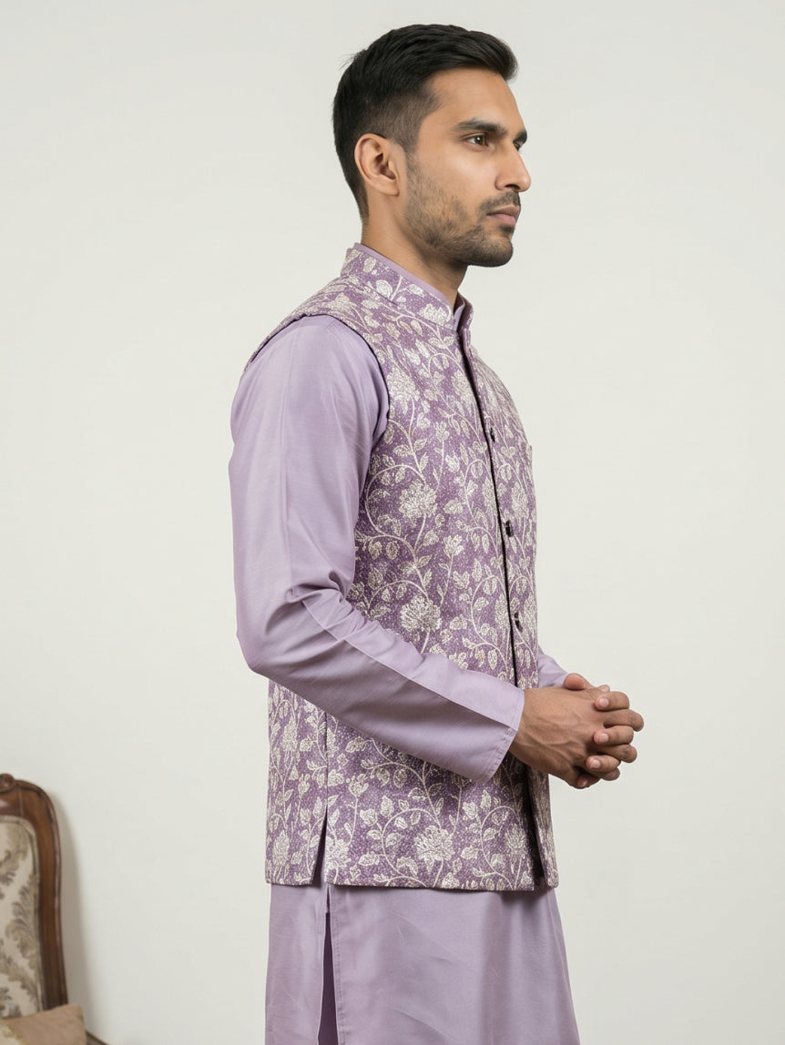 Men Floral Embroidered Cotton Blend Nehru Jacket ( 65WC 4165Purple )