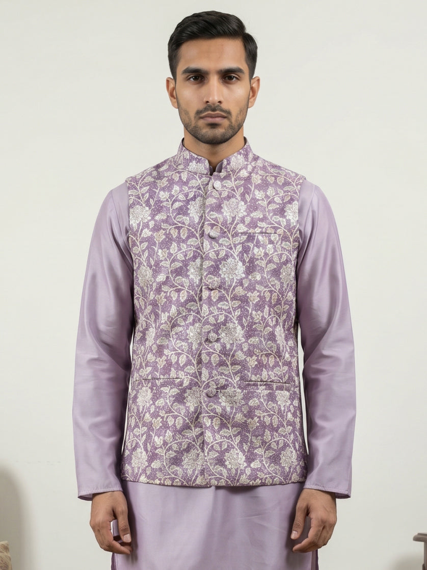 Men Floral Embroidered Cotton Blend Nehru Jacket ( 65WC 4165Purple )