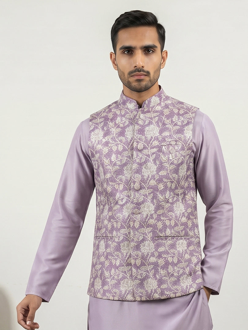 Men Floral Embroidered Cotton Blend Nehru Jacket ( 65WC 4165Purple )