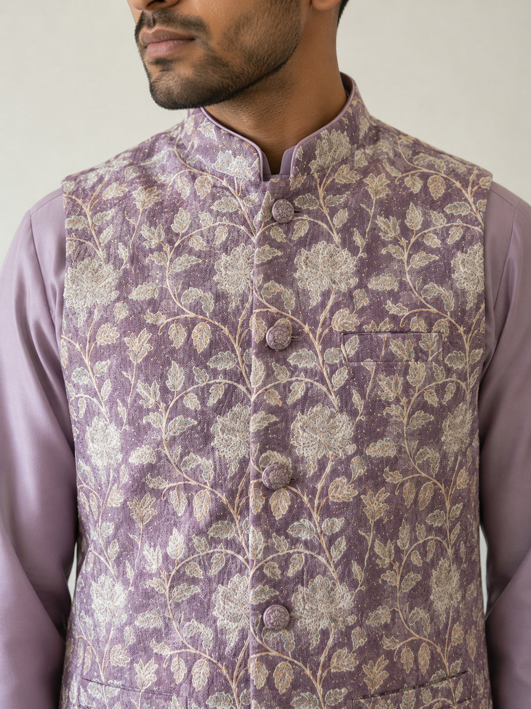Men Floral Embroidered Cotton Blend Nehru Jacket ( 65WC 4165Purple )