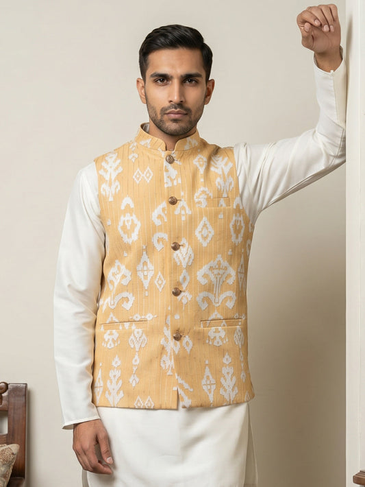 Men Ikat Printed Cotton Blend Nehru Jacket ( 65WC 4166Yellow )