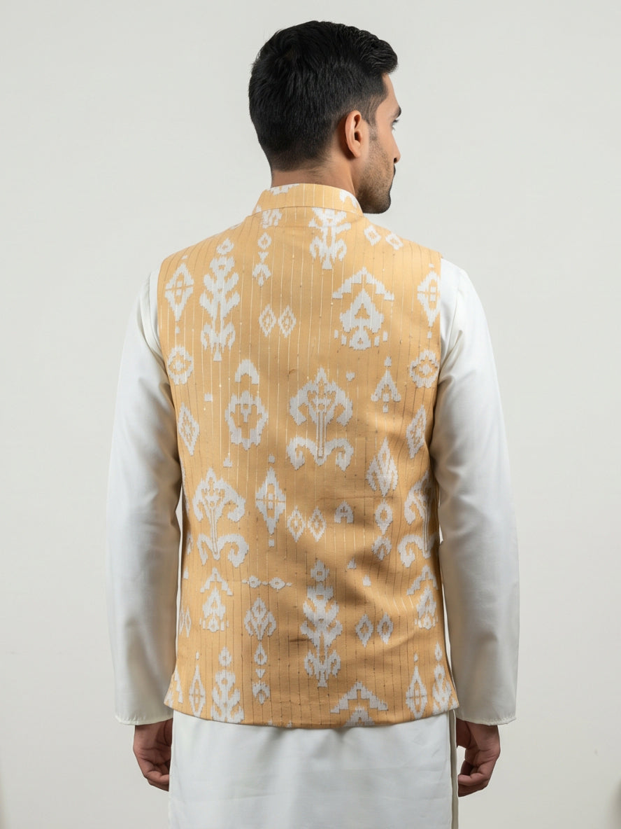 Men Ikat Printed Cotton Blend Nehru Jacket ( 65WC 4166Yellow )