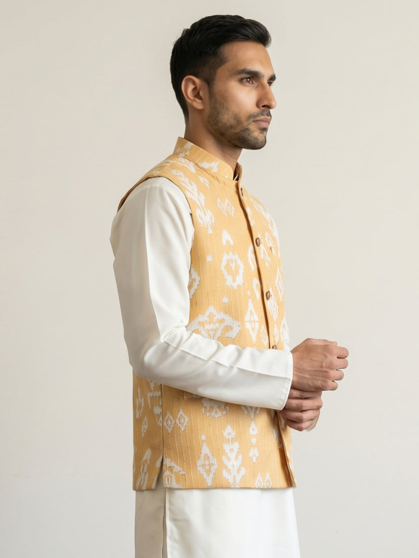 Men Ikat Printed Cotton Blend Nehru Jacket ( 65WC 4166Yellow )