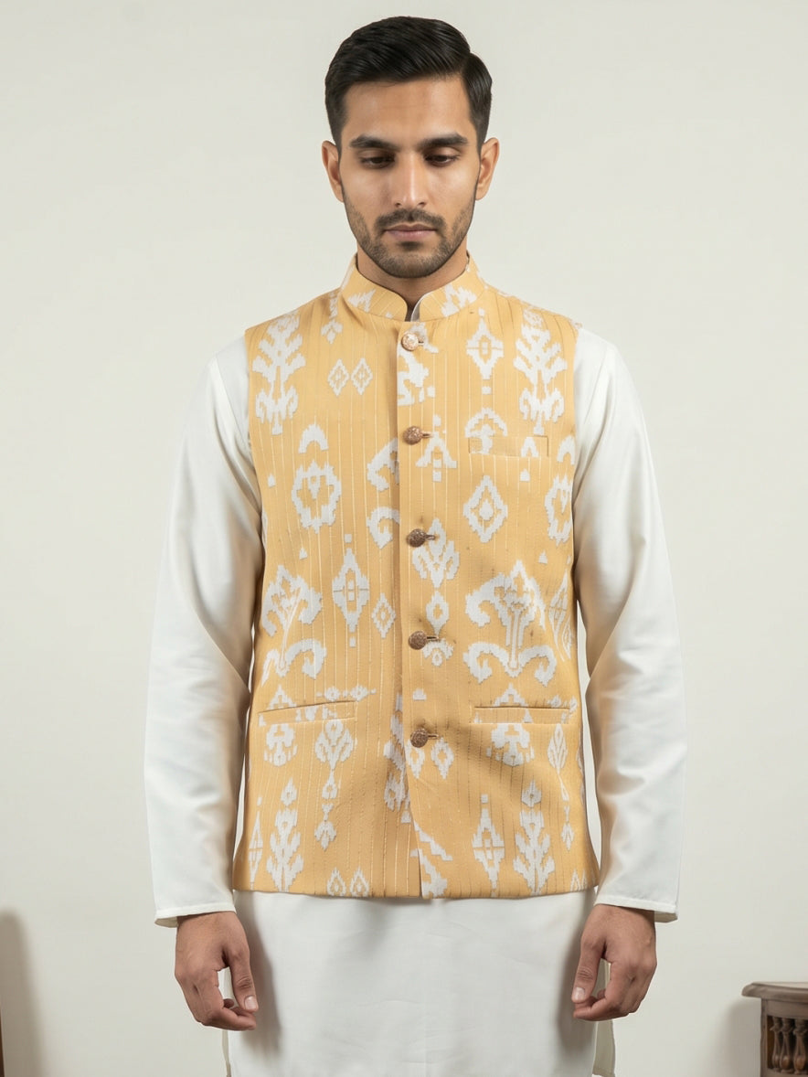 Men Ikat Printed Cotton Blend Nehru Jacket ( 65WC 4166Yellow )
