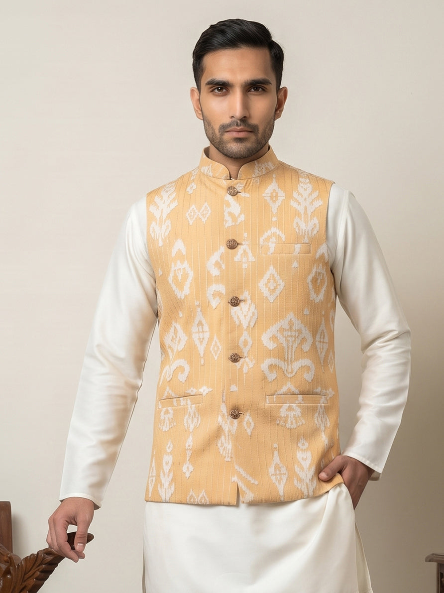 Men Ikat Printed Cotton Blend Nehru Jacket ( 65WC 4166Yellow )