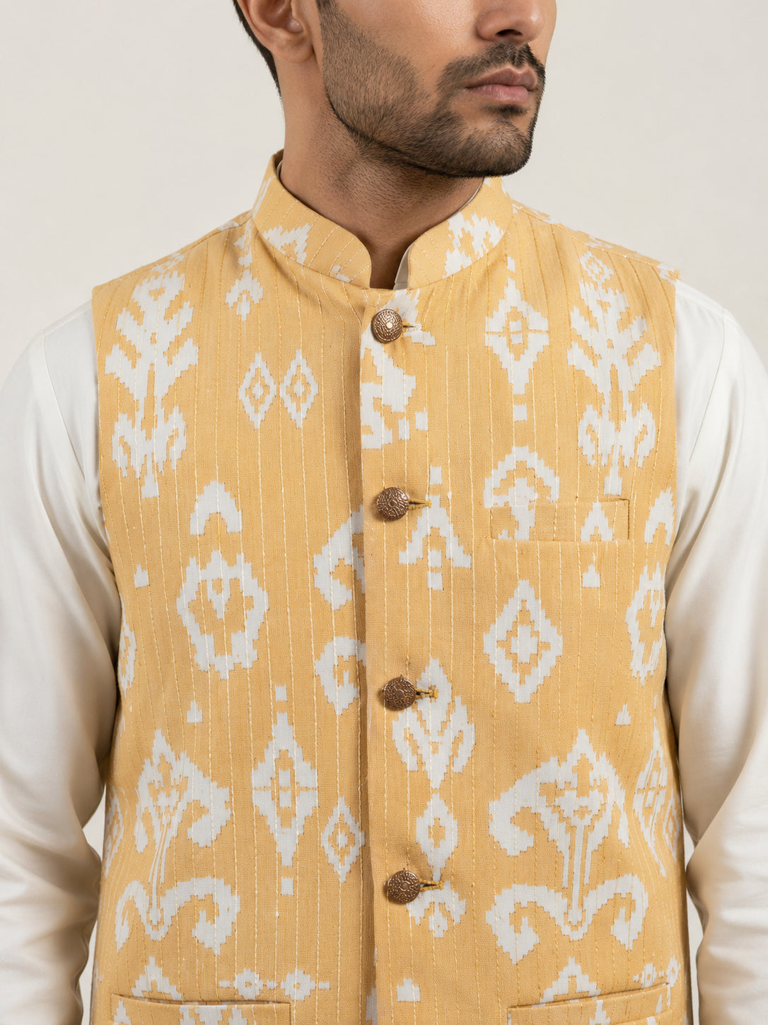 Men Ikat Printed Cotton Blend Nehru Jacket ( 65WC 4166Yellow )