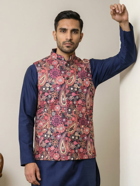 Paisley Floral Printed Cotton Blend Nehru Jacket ( 65WC 4167Multi )