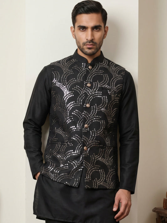 Men's Designer Sequins Embellished Nehru Jacket ( 65WC 4173Black )