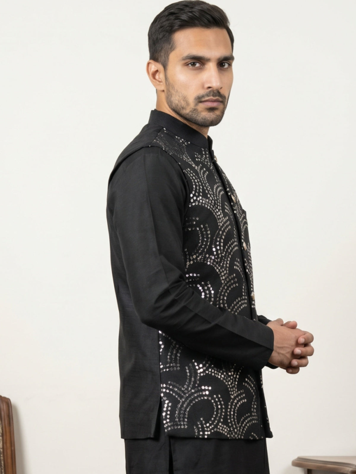 Men's Designer Sequins Embellished Nehru Jacket ( 65WC 4173Black )