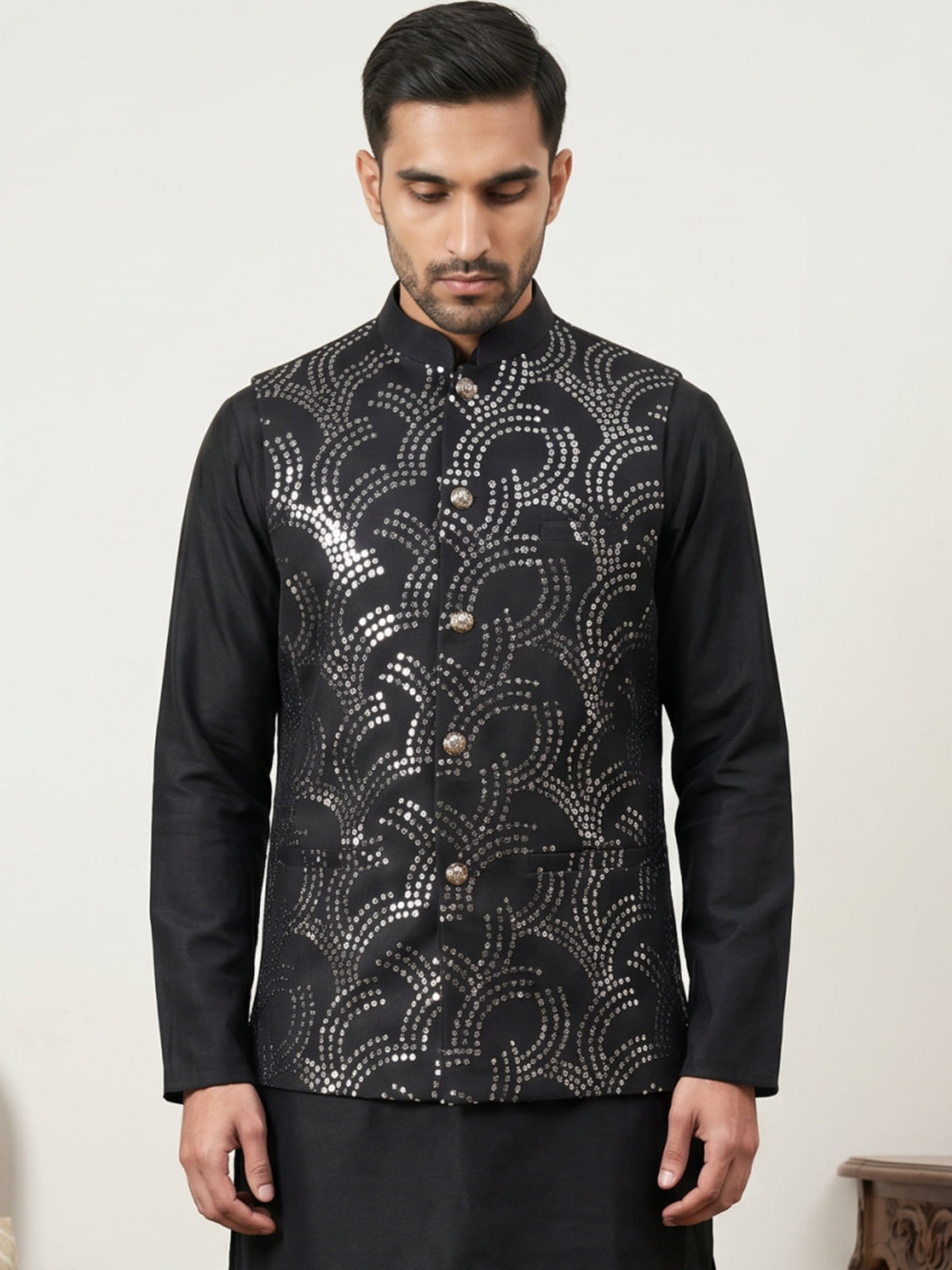 Men's Designer Sequins Embellished Nehru Jacket ( 65WC 4173Black )