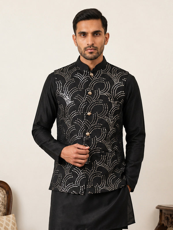 Men's Designer Sequins Embellished Nehru Jacket ( 65WC 4173Black )