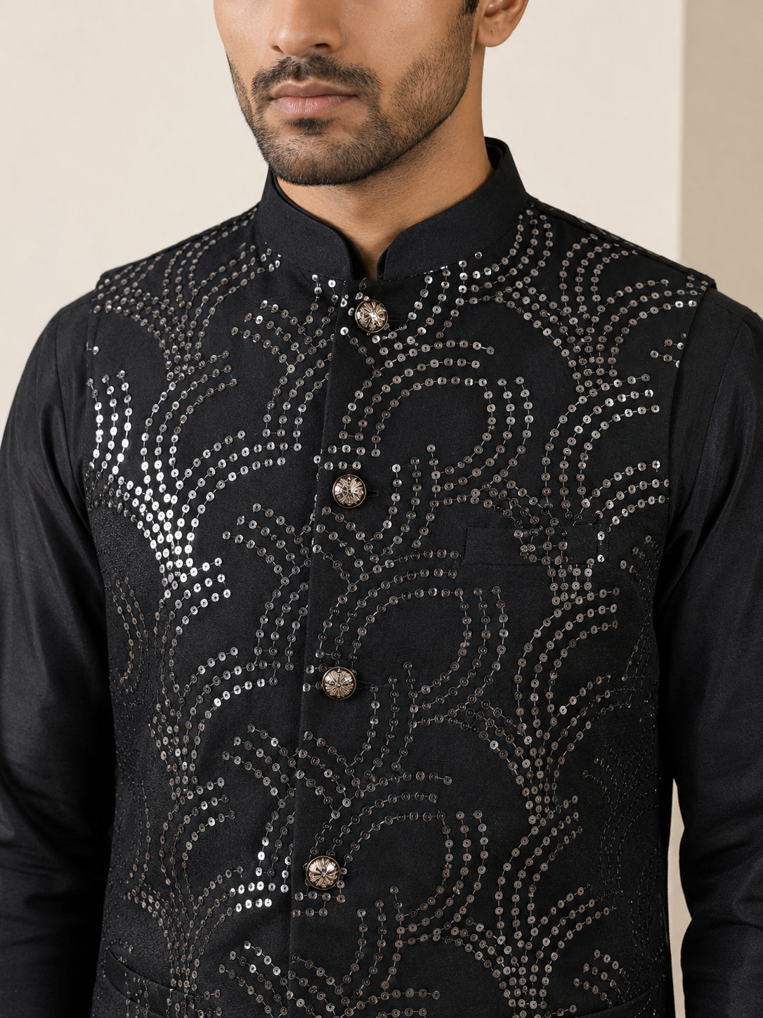 Men's Designer Sequins Embellished Nehru Jacket ( 65WC 4173Black )