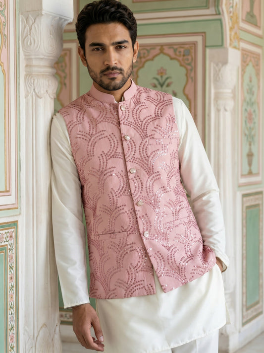 Men's Designer Sequins Embellished Nehru Jacket ( 65WC 4173Peach )