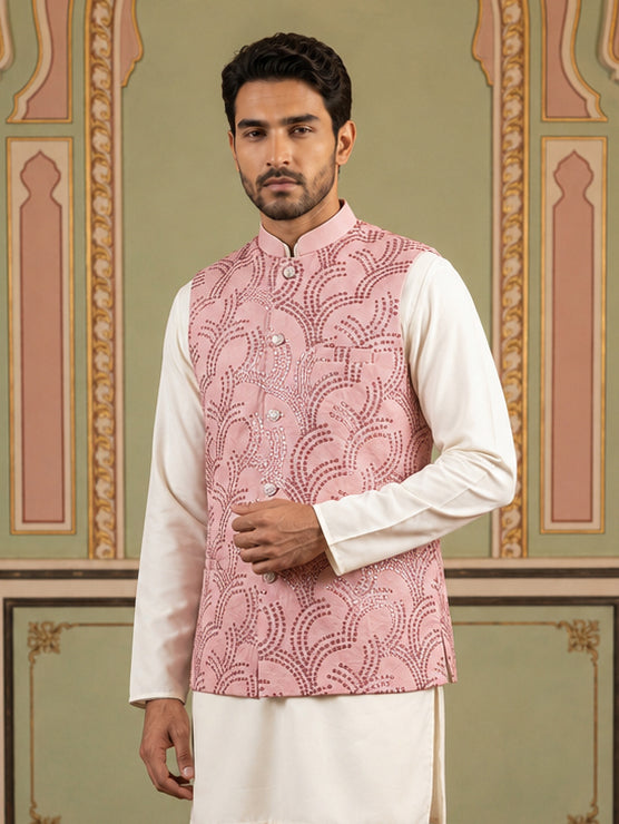 Men's Designer Sequins Embellished Nehru Jacket ( 65WC 4173Peach )