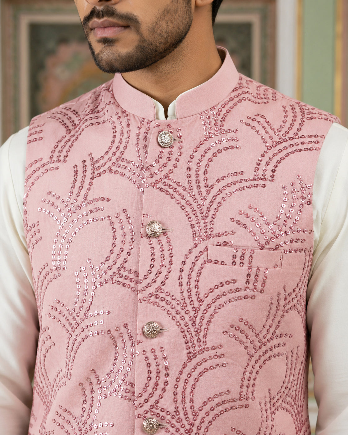 Men's Designer Sequins Embellished Nehru Jacket ( 65WC 4173Peach )