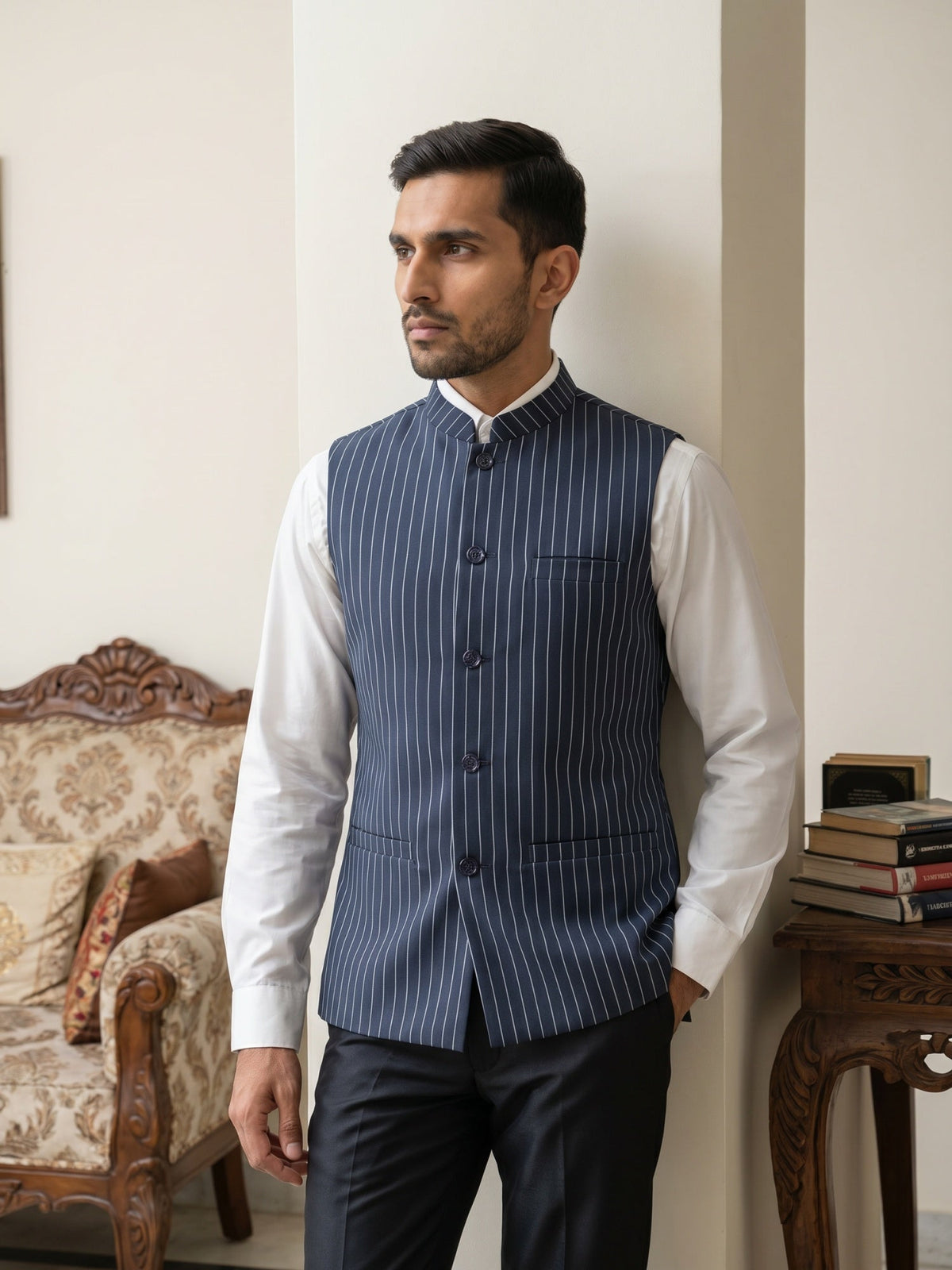 Men's Striped Cotton Blend Nehru Jacket ( 65WC 4174Navy )