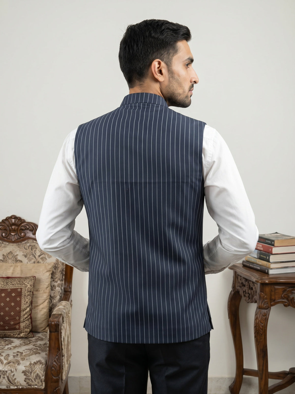 Men's Striped Cotton Blend Nehru Jacket ( 65WC 4174Navy )