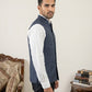 Men's Striped Cotton Blend Nehru Jacket ( 65WC 4174Navy )