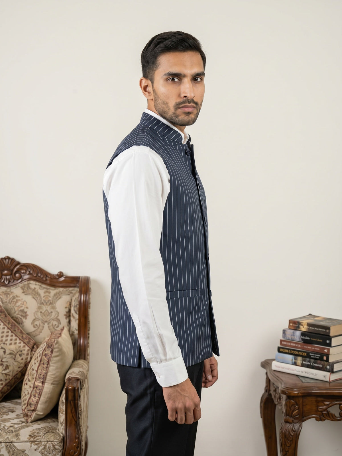 Men's Striped Cotton Blend Nehru Jacket ( 65WC 4174Navy )