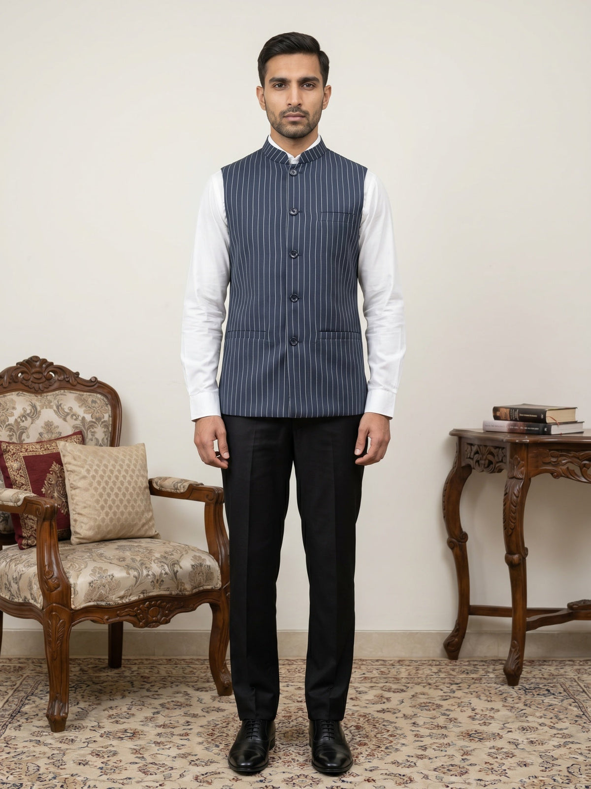 Men's Striped Cotton Blend Nehru Jacket ( 65WC 4174Navy )