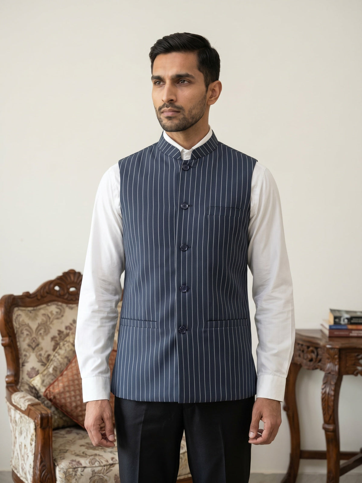 Men's Striped Cotton Blend Nehru Jacket ( 65WC 4174Navy )
