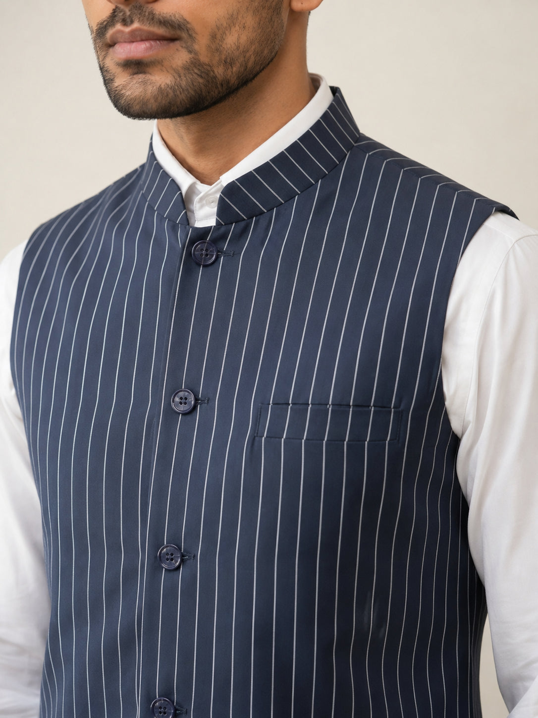 Men's Striped Cotton Blend Nehru Jacket ( 65WC 4174Navy )