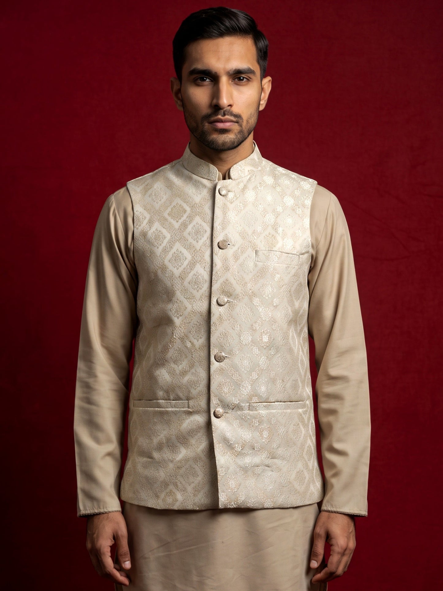 Men Jacquard Woven Design Nehru Jacket ( 65WC 4179Cream )