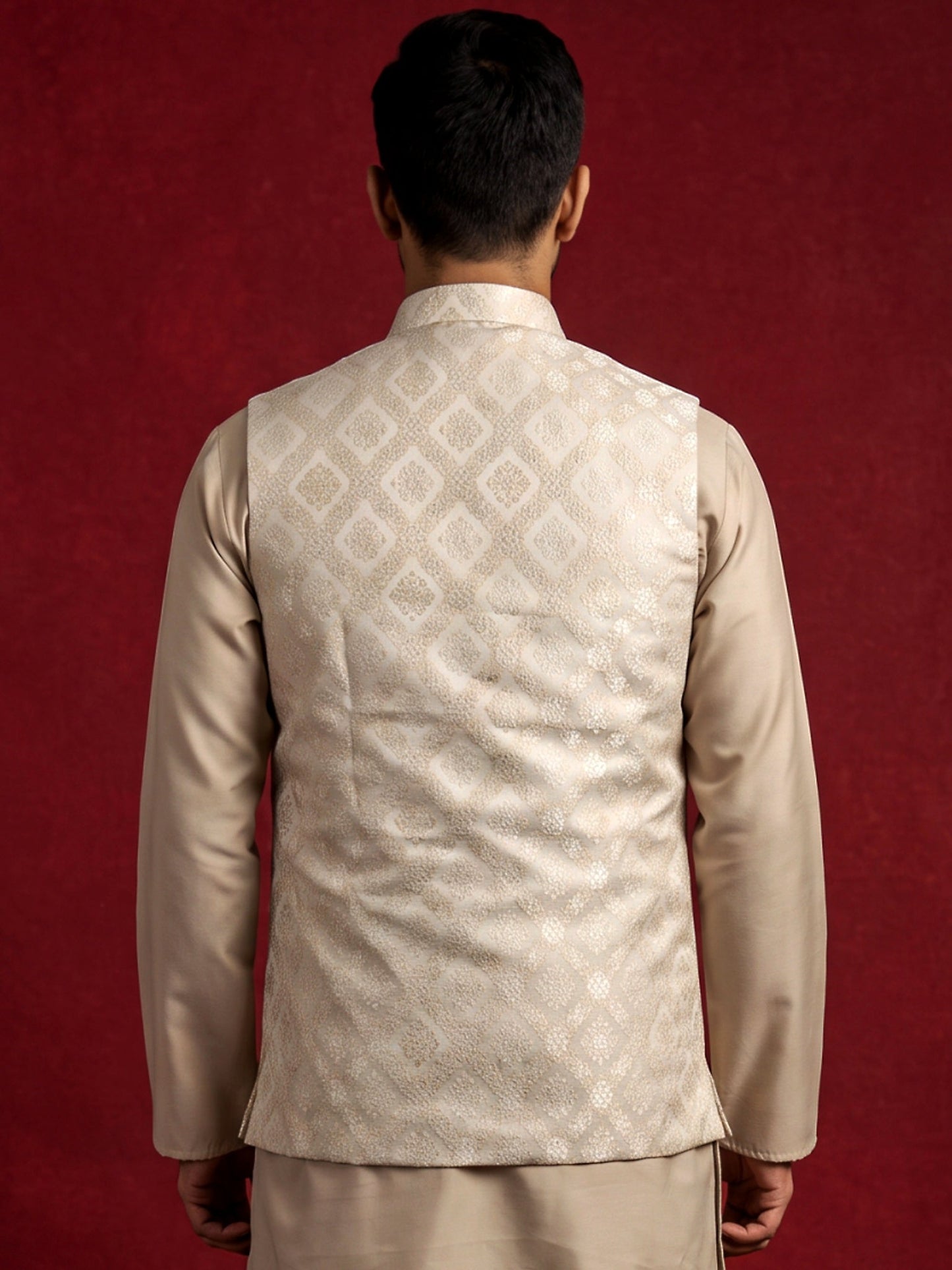 Men Jacquard Woven Design Nehru Jacket ( 65WC 4179Cream )