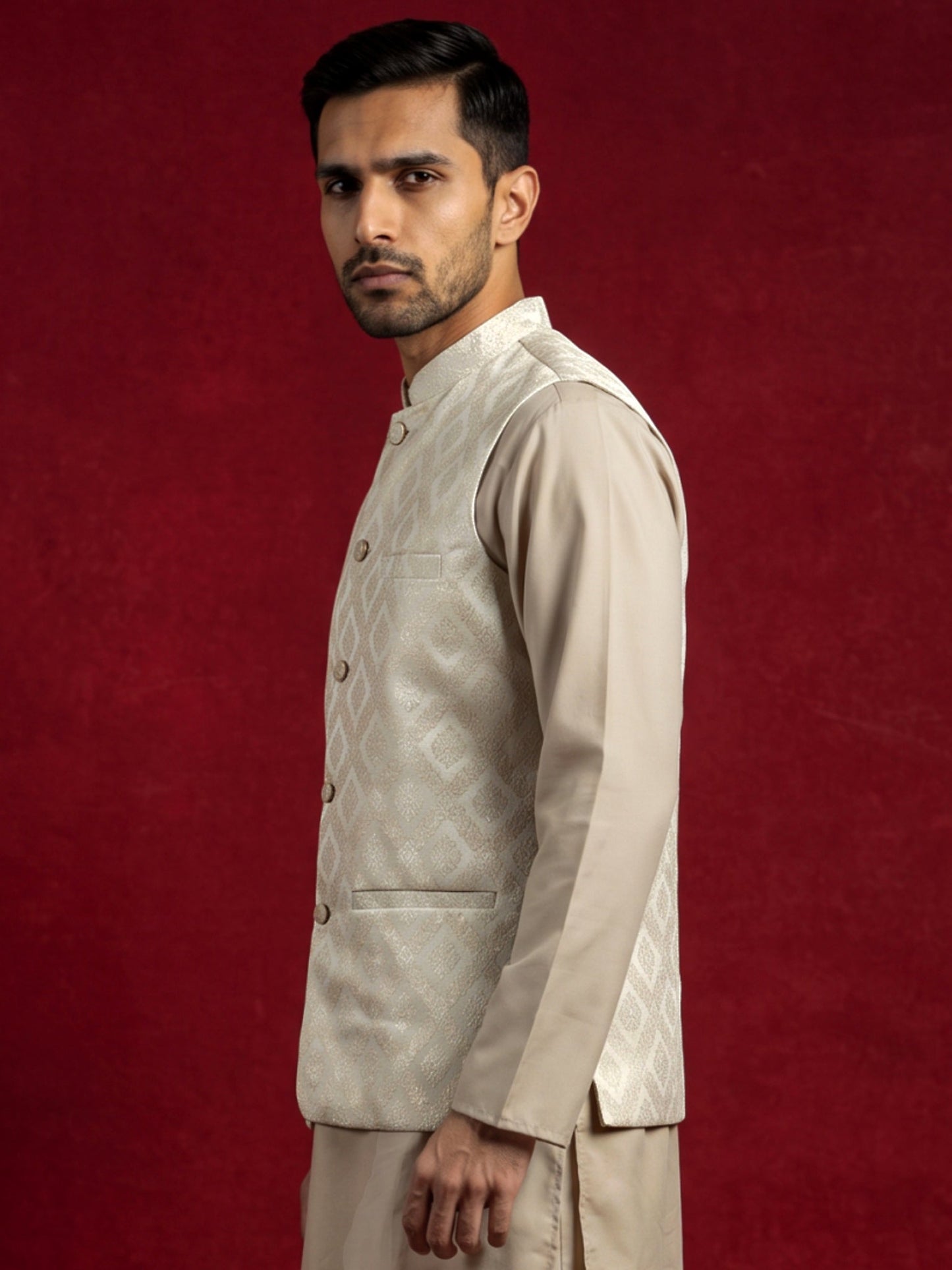 Men Jacquard Woven Design Nehru Jacket ( 65WC 4179Cream )
