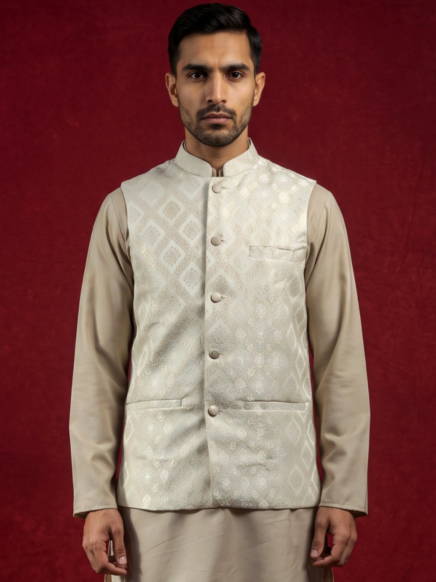 Men Jacquard Woven Design Nehru Jacket ( 65WC 4179Cream )