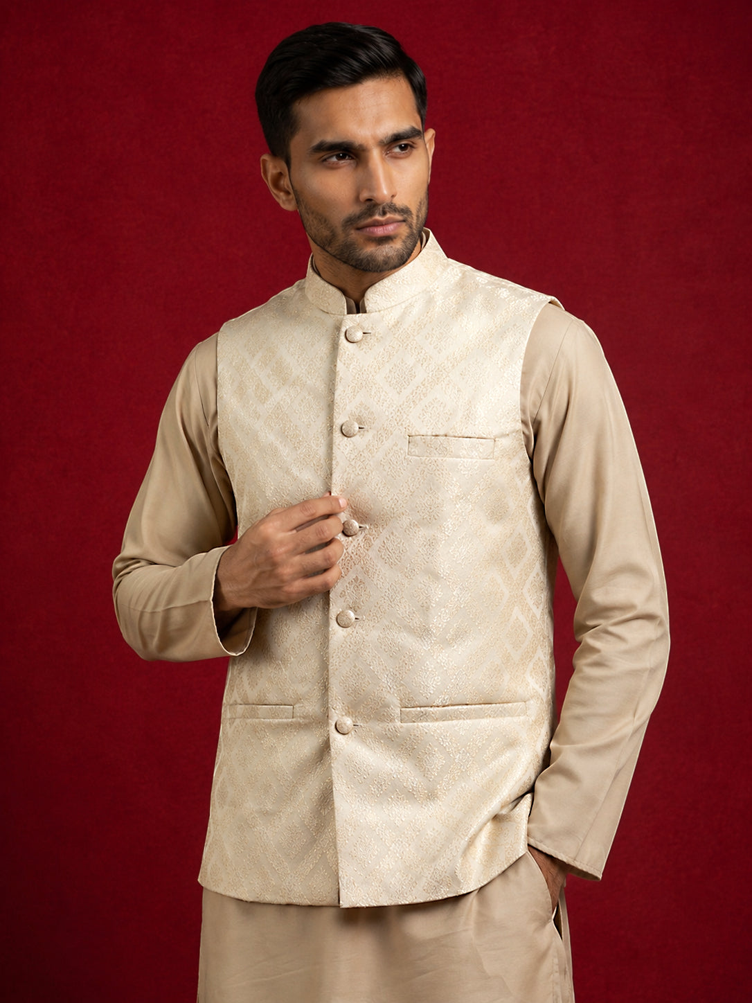 Men Jacquard Woven Design Nehru Jacket ( 65WC 4179Cream )
