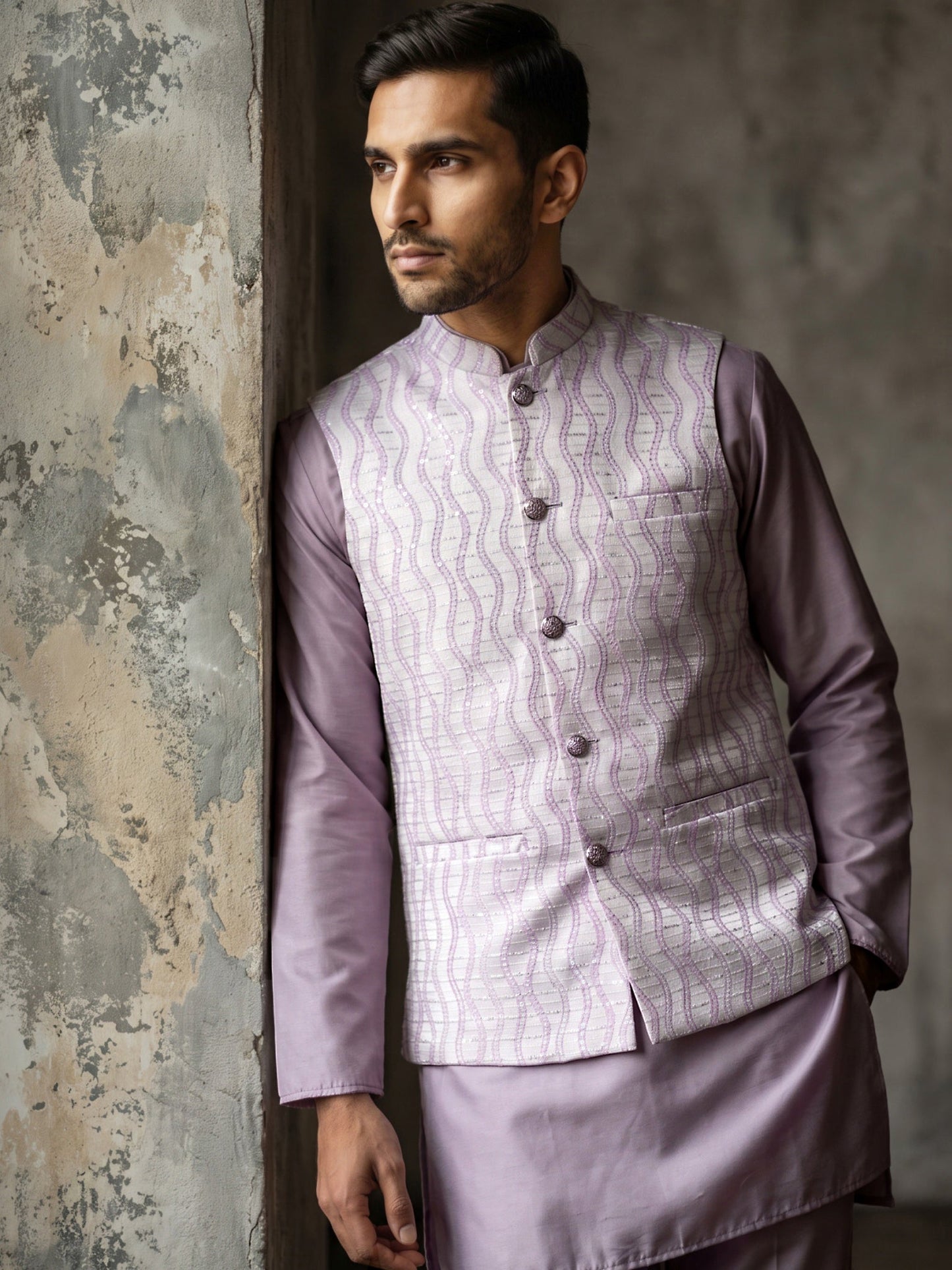 Men Jacquard Woven Design Nehru Jacket ( 65WC 4180Lavender )