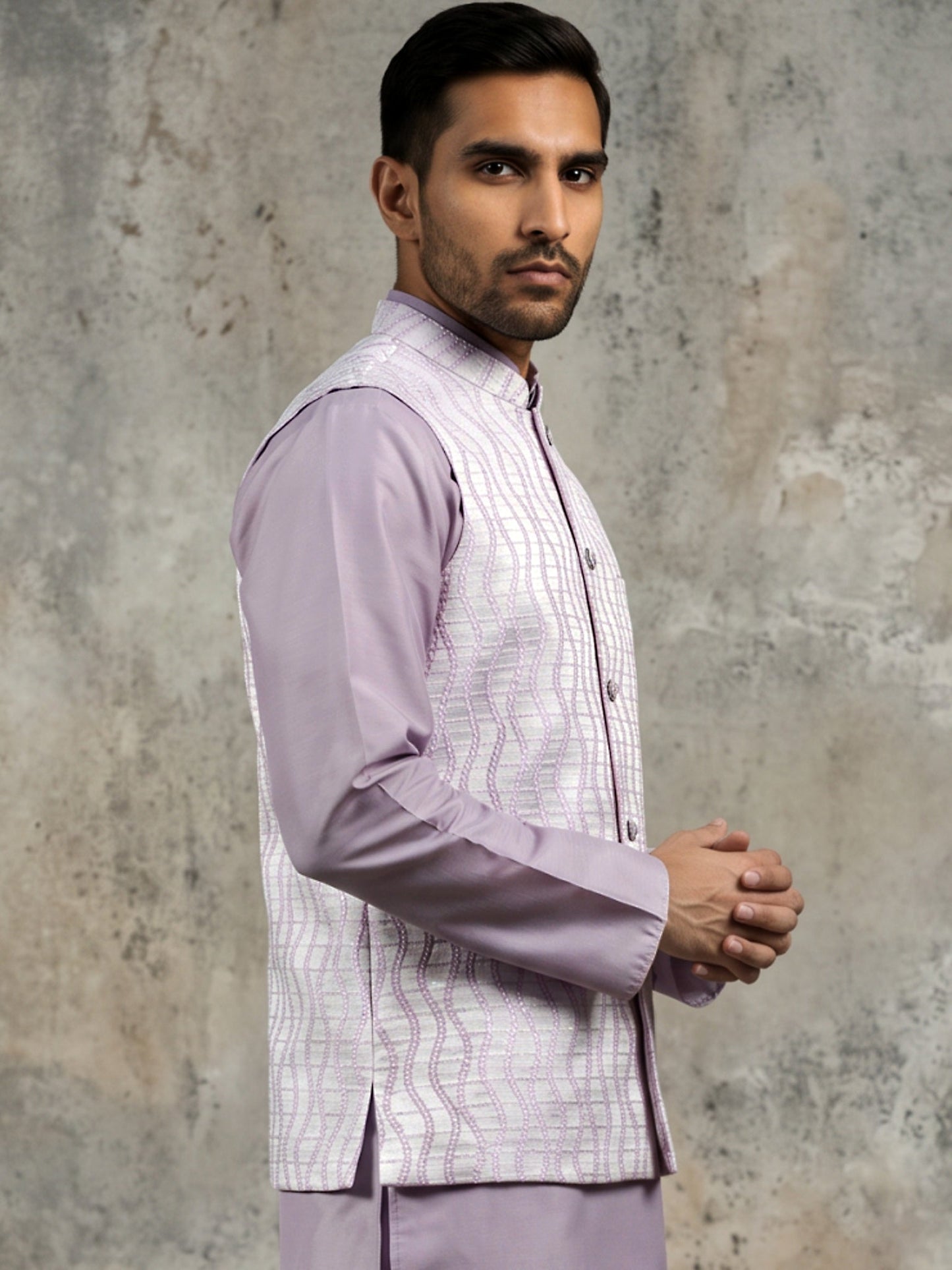 Men Jacquard Woven Design Nehru Jacket ( 65WC 4180Lavender )