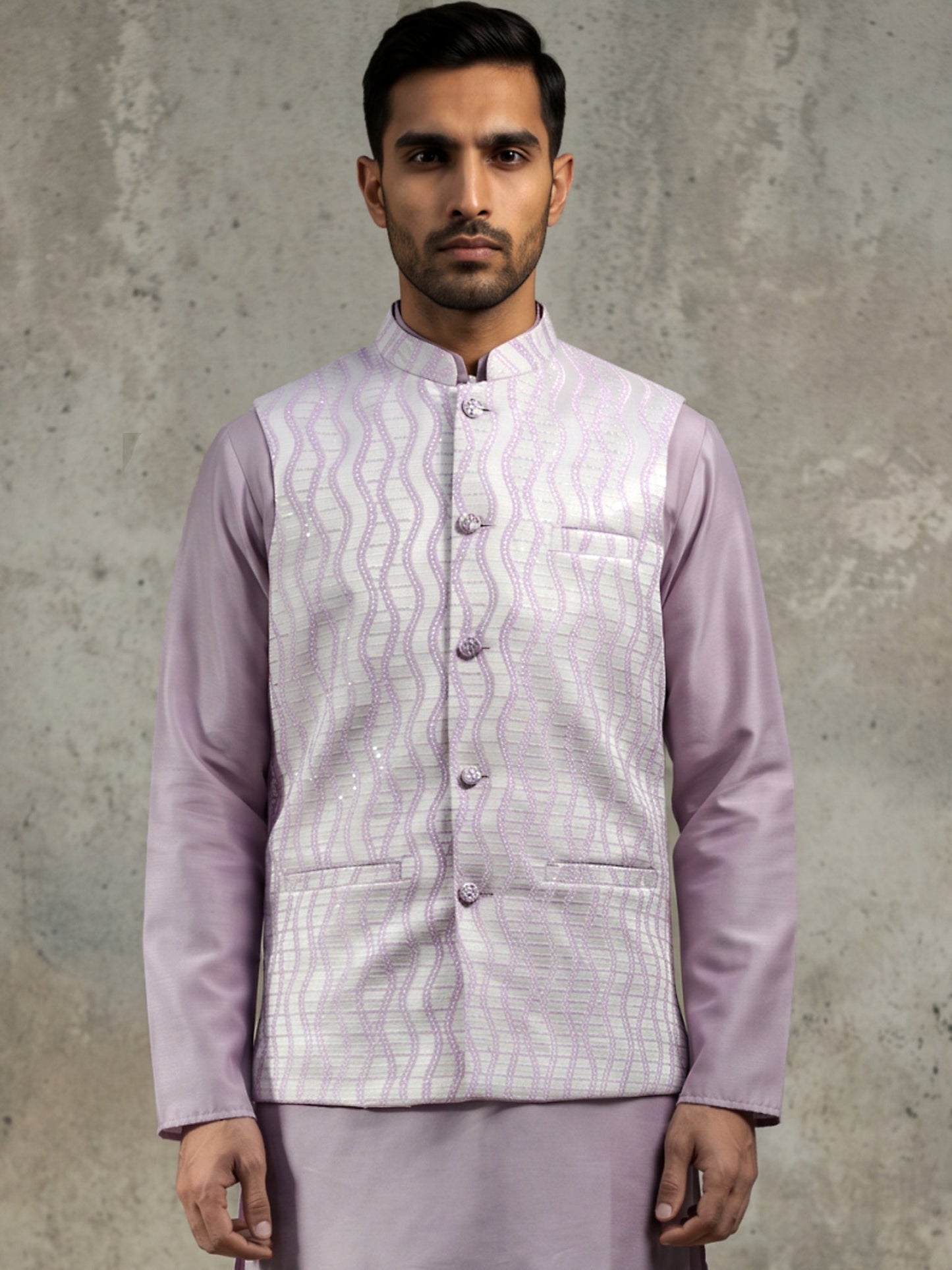 Men Jacquard Woven Design Nehru Jacket ( 65WC 4180Lavender )