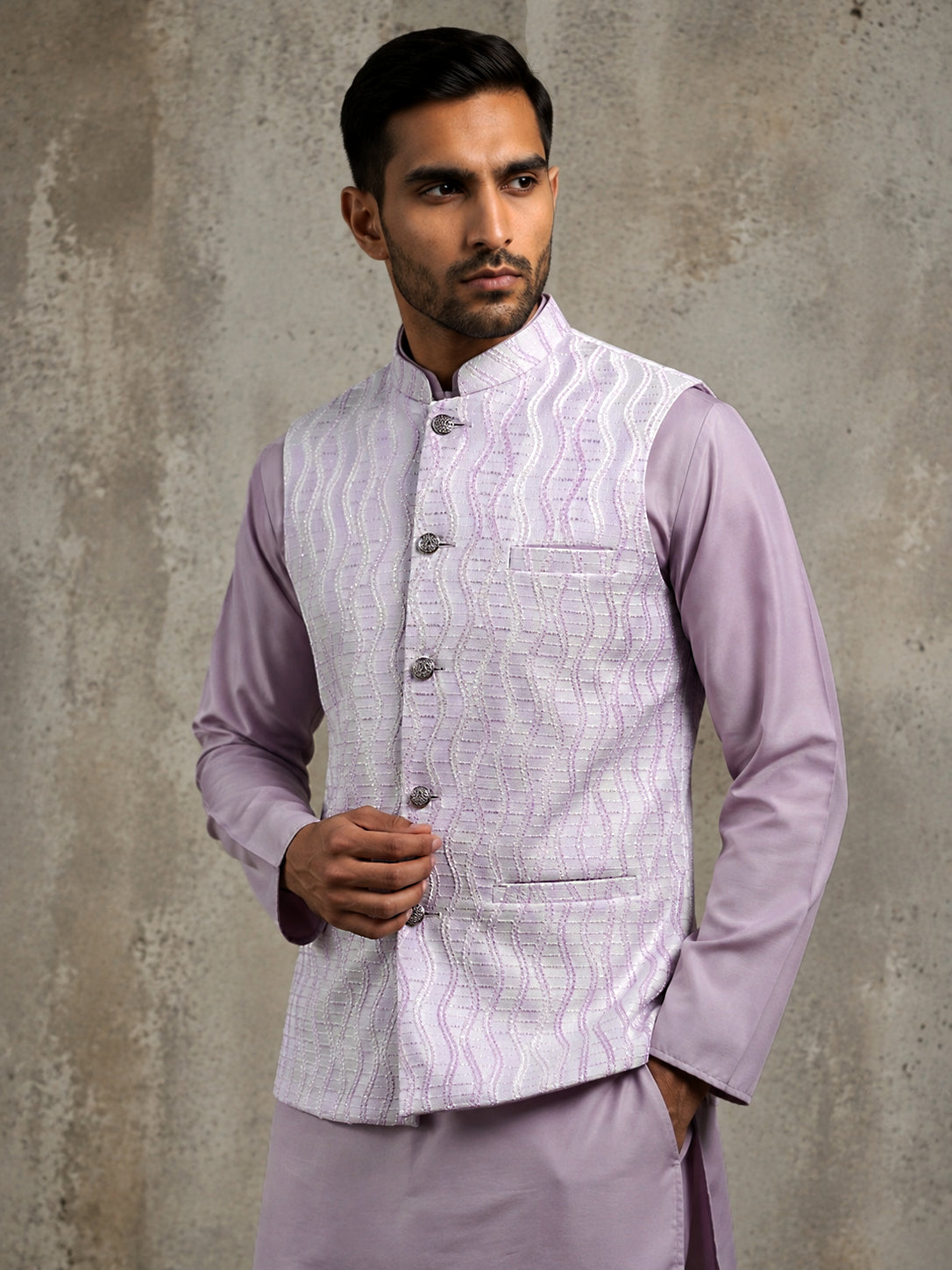 Men Jacquard Woven Design Nehru Jacket ( 65WC 4180Lavender )