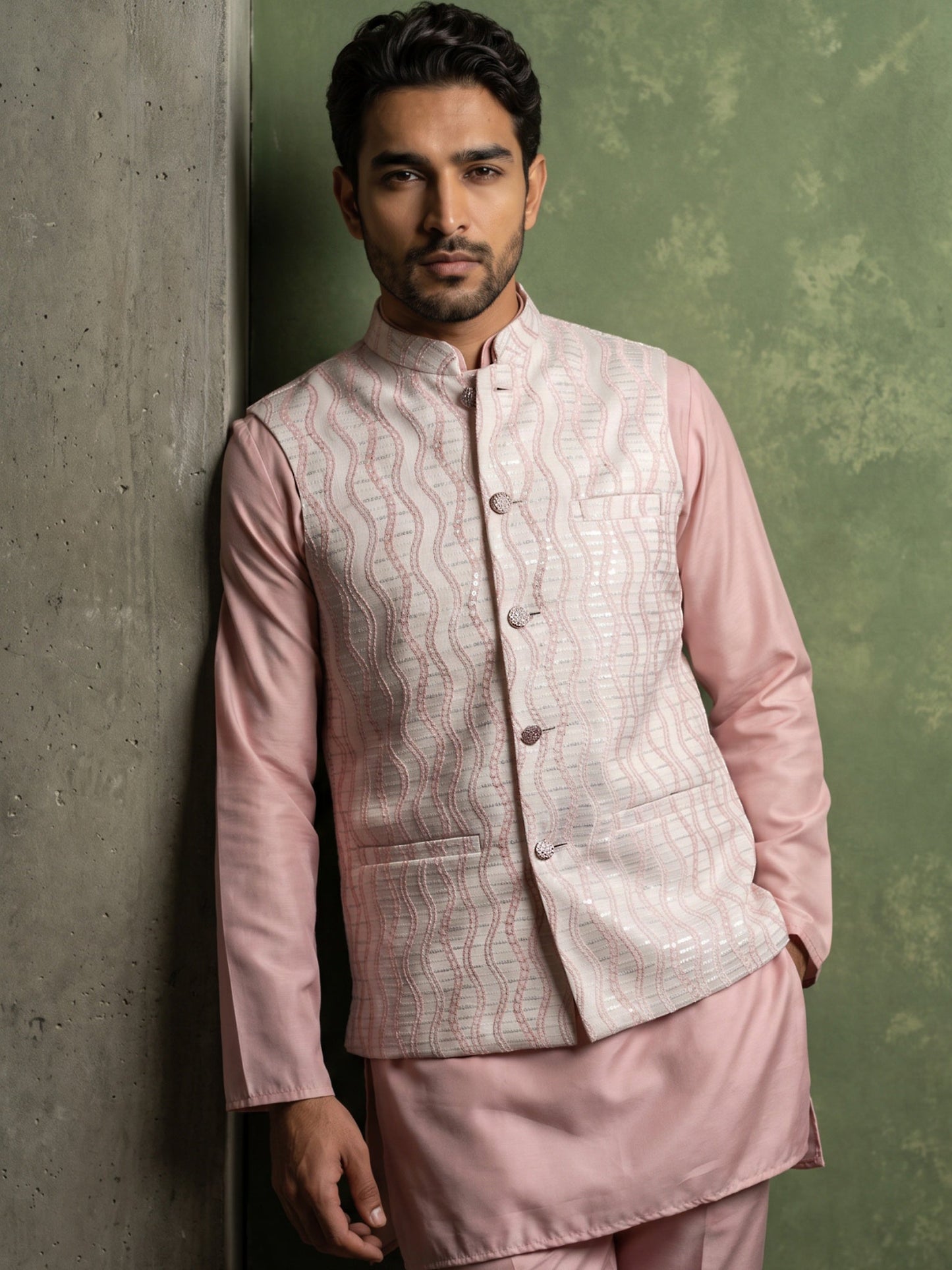 Men Jacquard Woven Design Nehru Jacket ( 65WC 4180Peach )