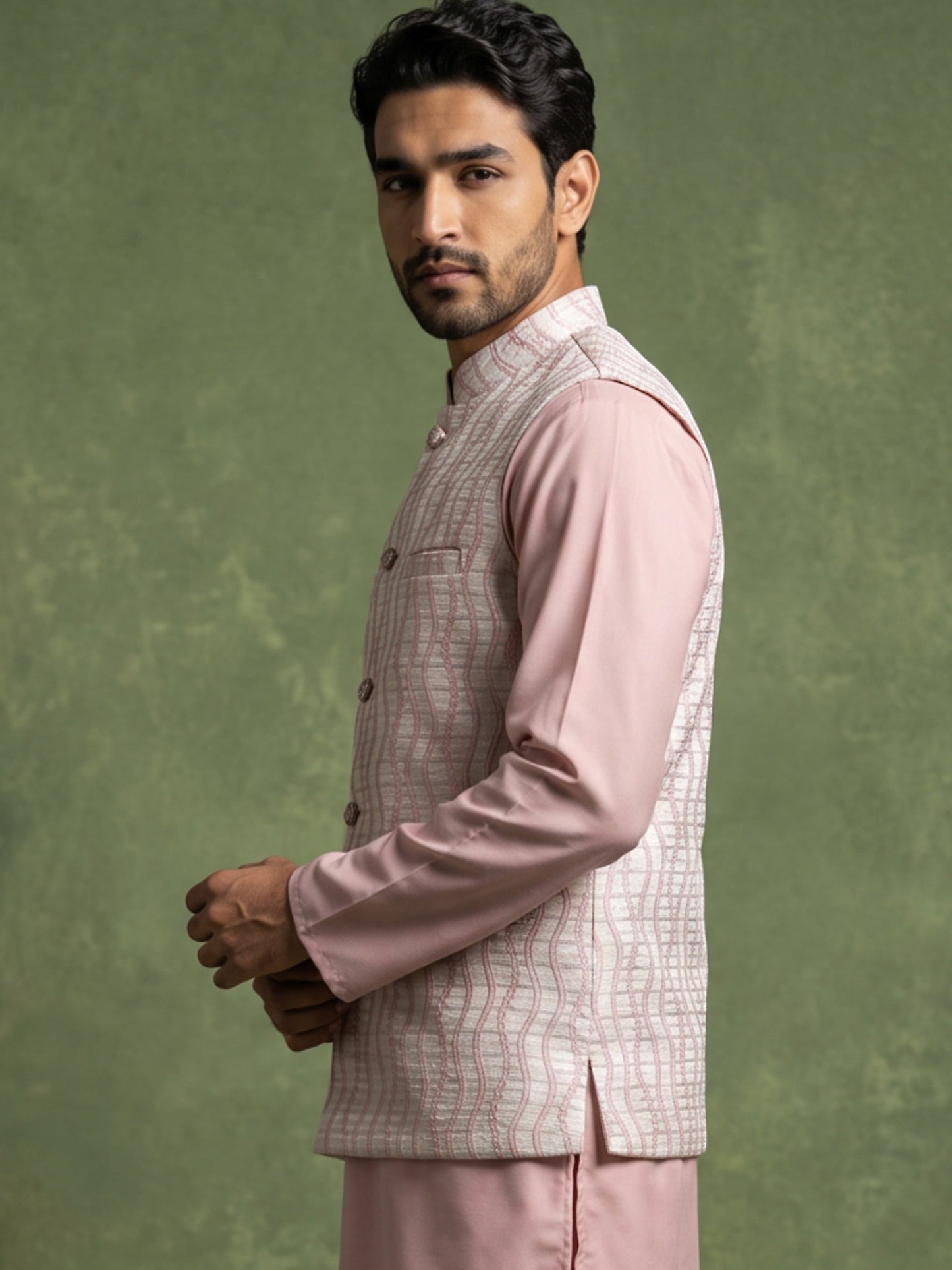 Men Jacquard Woven Design Nehru Jacket ( 65WC 4180Peach )