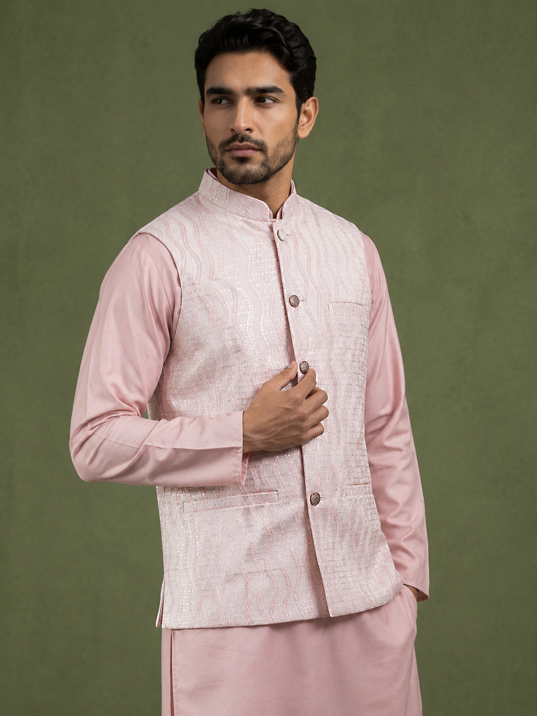 Men Jacquard Woven Design Nehru Jacket ( 65WC 4180Peach )