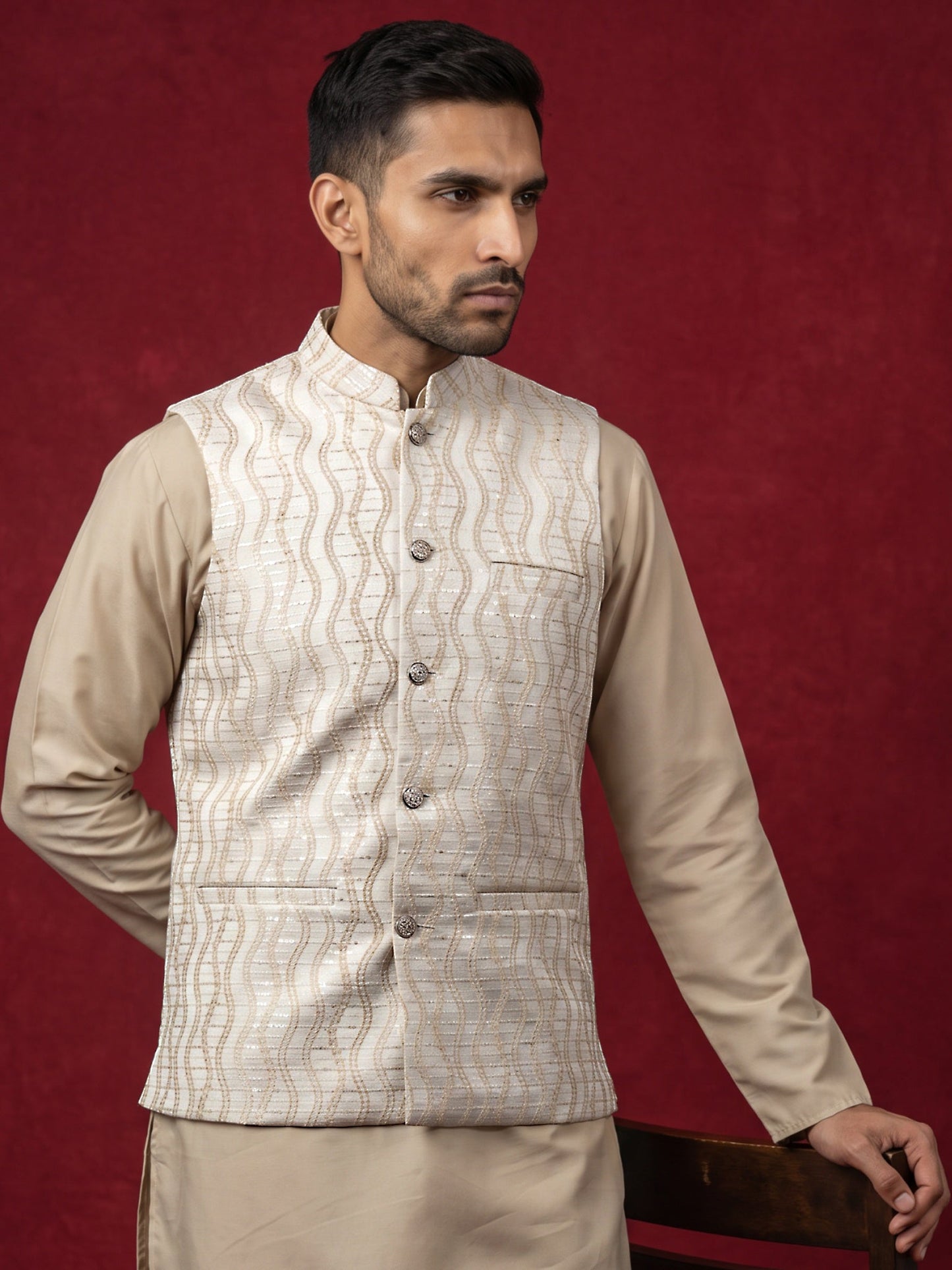 Men Jacquard Woven Design Nehru Jacket ( 65WC 4180White )