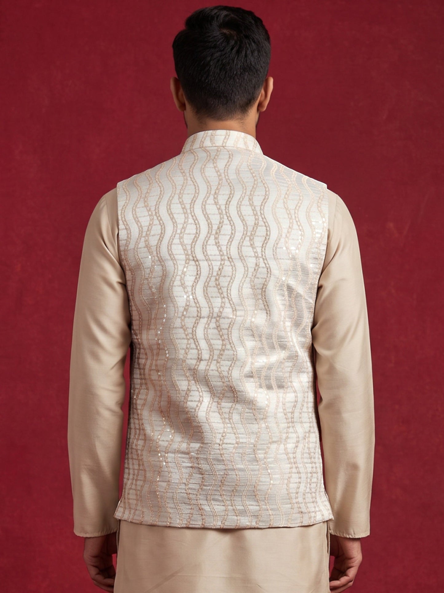 Men Jacquard Woven Design Nehru Jacket ( 65WC 4180White )