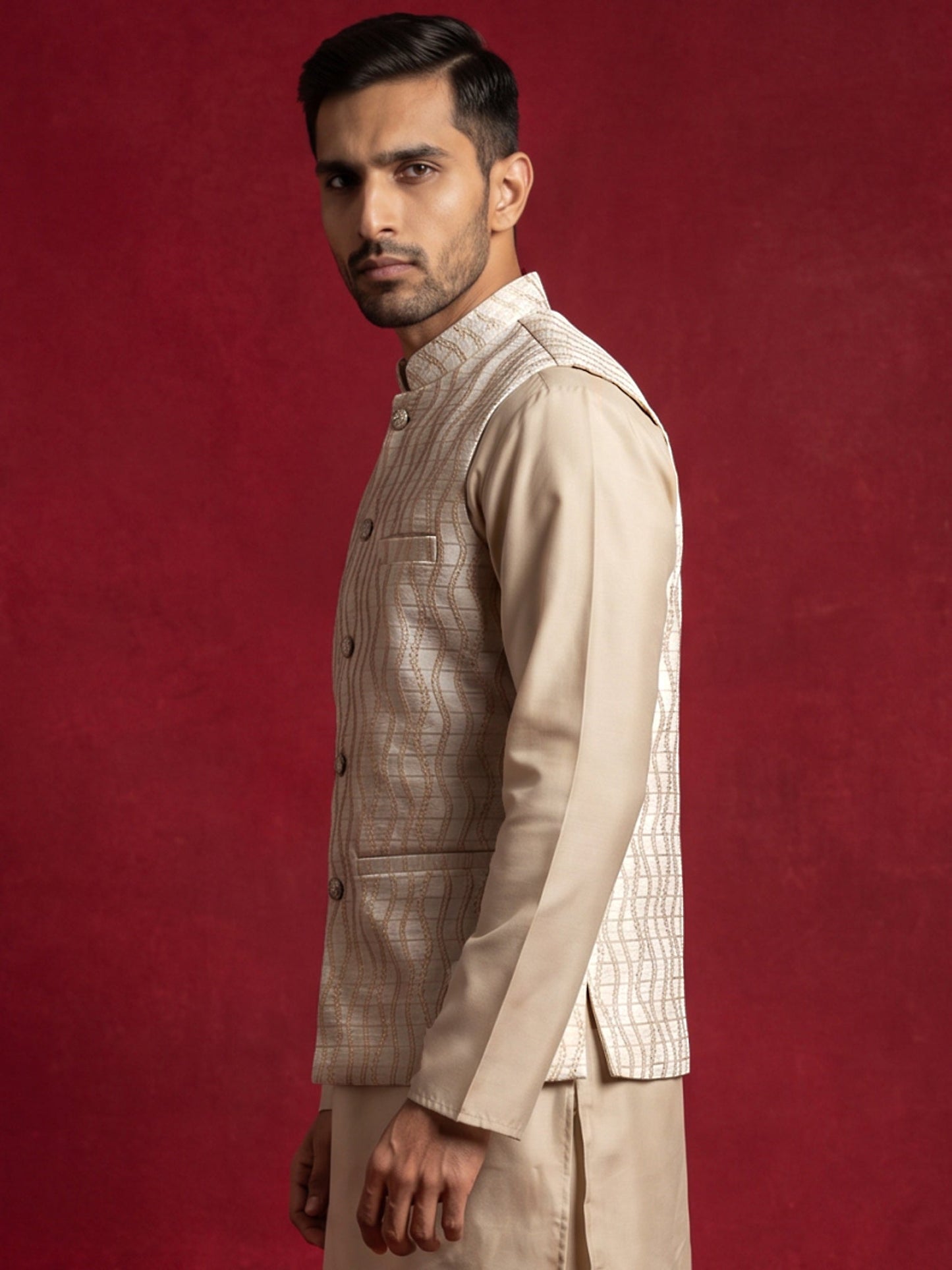 Men Jacquard Woven Design Nehru Jacket ( 65WC 4180White )