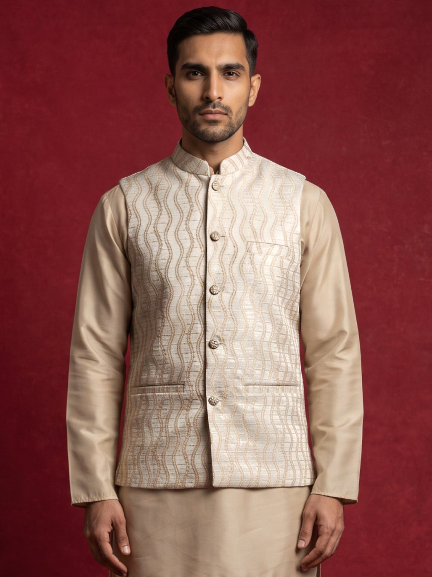 Men Jacquard Woven Design Nehru Jacket ( 65WC 4180White )