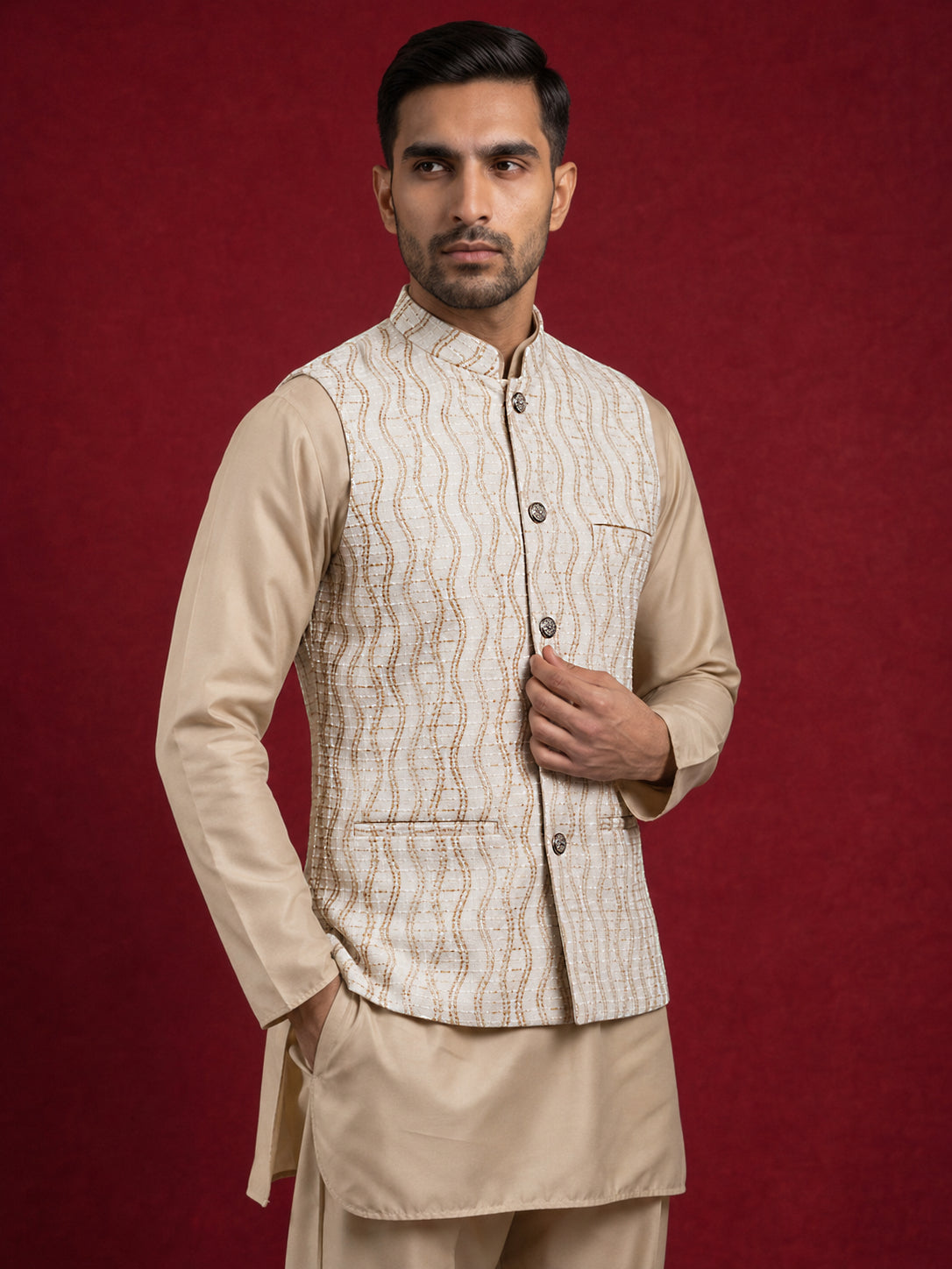 Men Jacquard Woven Design Nehru Jacket ( 65WC 4180White )