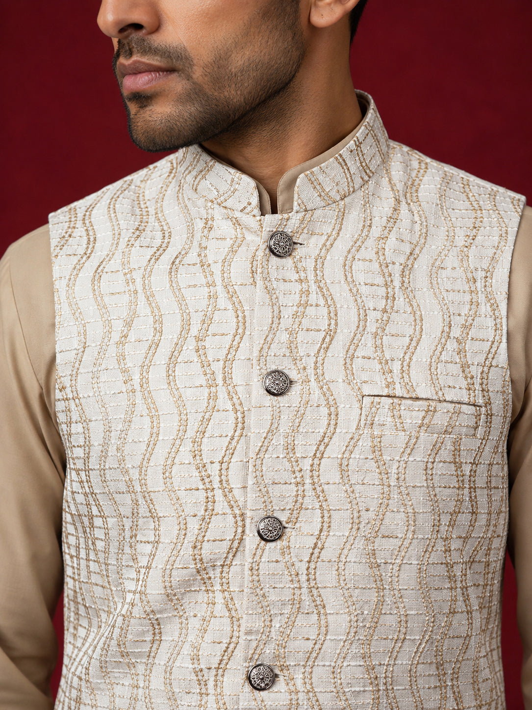 Men Jacquard Woven Design Nehru Jacket ( 65WC 4180White )